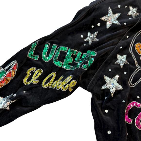 Vintage Bonnie Boerer Sequin Hollywood Nightlife Black Velour Sweatshirt 80s - Picture 6 of 9